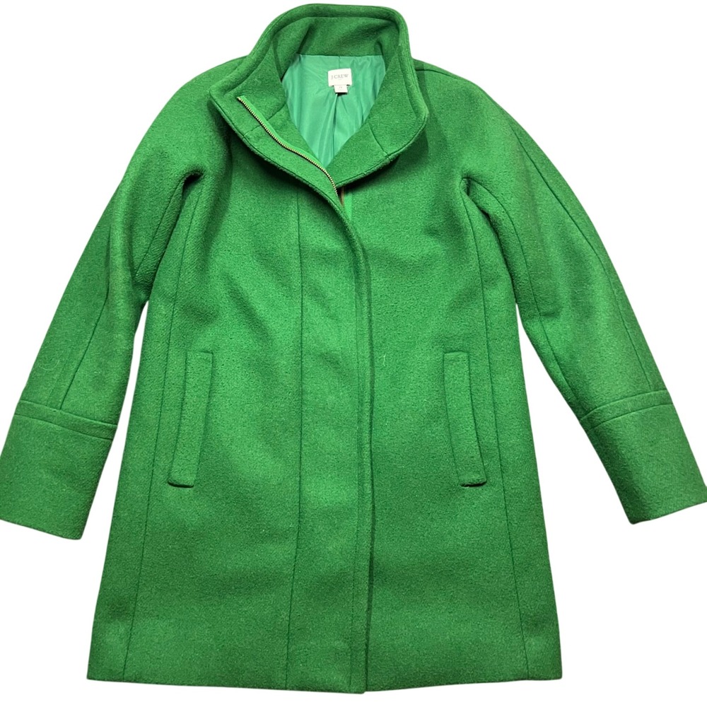J Crew Womens Wool Blend City Pea Coat Green Full Zip Funnel Collar Lodge XS‎ 0